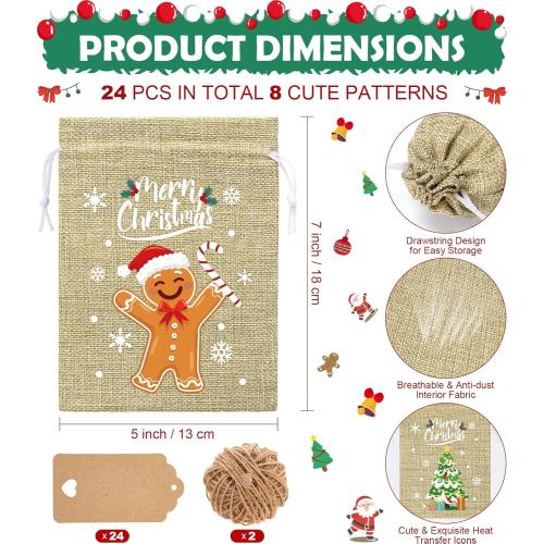FLOE 72Pcs Christmas Burlap Gift Bags with Drawstring, 5x7in Christmas Linen Treat Bags with Tag, Xmas Candy Bag Small Jute Goody Reusable Gift Wrapping Bag Xmas Holiday Party Favors Sacks