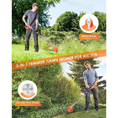 21V Cordless Weed Wacker, Lightweight Trimmer with 2 2.0Ah Battery, Electric Weed Eater Battery Powered, 3 in 1 Grass Trimmer/Brush Cutter/Edger Lawn Mower with 2 Types Blades & Wheels for Garden Yard