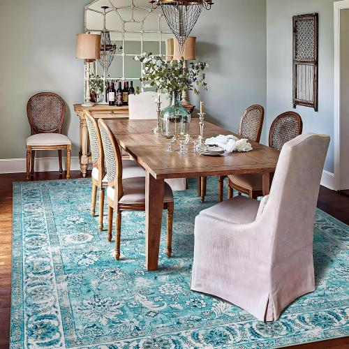 Doria Boho Area Rug, 3'6''×5'6'' Washable Oriental Rug, Non-Slip Vintage Floral Rug, Non-Shedding Traditional Carpet with Low Pile for Living Room, Bedroom, Dining, Office, Turquoise Blue