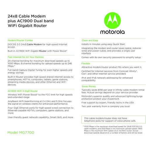 Motorola MG7700 Modem WiFi Router Combo with Power Boost | Approved by Comcast Xfinity, Cox and Spectrum | for Cable Plans Up to 800 Mbps | DOCSIS 3.0   Gigabit Router