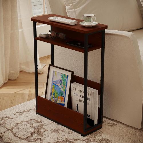 Vintage Narrow Side Table with Storage Shelf, 3 Tier Slim End Table Modern Sofa Table for Narrow and Small Spaces, 24.6 Inch Height Bedside Table Small Nightstand with Magazine Rack