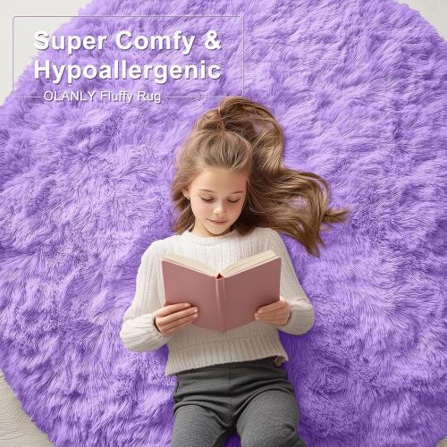 Purple Round Rugs for Bedroom - Machine Washable, Medium Circle Area Rugs for Living Room, Soft and Fluffy Shaggy Carpet for Teen Girls and Boys, Nursery Rooms, Dorms, Home Decor Aesthetic