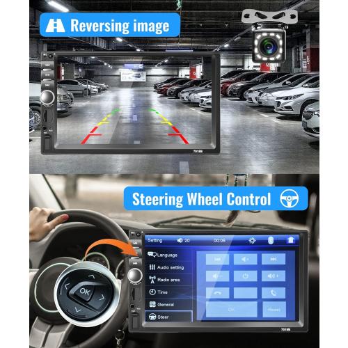 Rimoody 7 Inch Double Din Car Stereo Car Radio Touch Screen Bluetooth Handsfree Mirror Link USB SD FM Multimedia Radio with Backup Camera Wireless Remote Control Car Audio Receivers