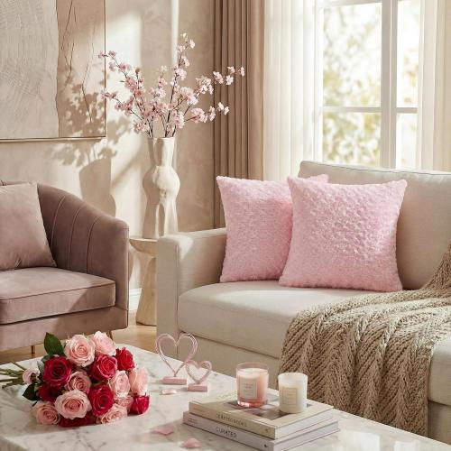 FUTEI Pack of 2 Rose Textured Throw Pillow Covers 16x16 Inch, Pink | Same Rose Swirl Textured Fabric On Both Sides,Hidden Zipper,Machine Washable,Non-Shedding, Colorfast,Insert Not Included.