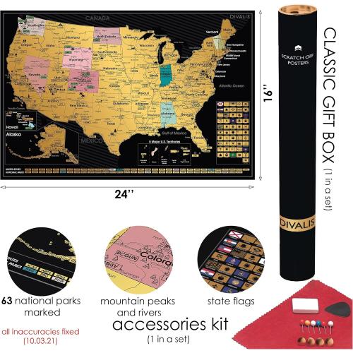 2 in 1 Gift Set - Scratch off US Map and 63 National Parks Poster - 24x16 Easy to Frame Scratchable United States of America Posters - Globetrotters Wall Map - Black and Gold Travel Tracker