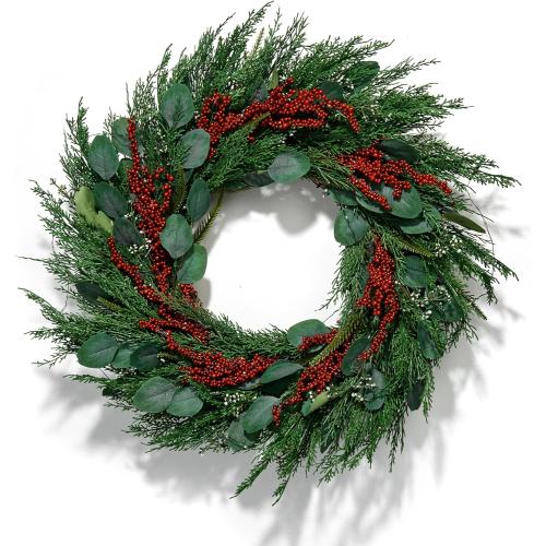 LampLust Winter Wreaths for Front Door Outside, 24 Inch Cypress & Eucalyptus Wreath with Red Berries 100 LED Lights, Timer, Battery Powered, Farmhouse Wreath Year Round, Winter Wreaths for Indoors