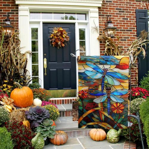 Stained Glass Dragonfly Garden Flag Spring Summer Yard Flag Fall Floral Decorative Flags for Outside 12x18 Double Sided Small Seasonal Lawn Flags Rustic Outdoor Decor