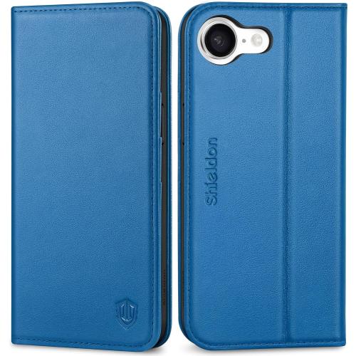 SHIELDON Real Leather Wallet Case for iPhone 17e/16e 6.1, Sapphire Blue