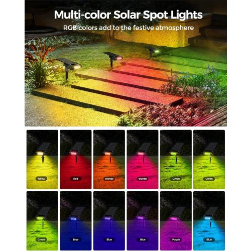 RGB Christmas Solar Spot Lights Outdoor, 12 RGB Color Modes Landscape Light Waterproof IP67 with Remote Control, 2-in-1 Color Changing RGB/Cool/Warm White for Yard Garden Garden (6 Pack)