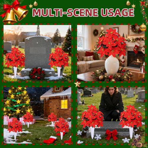 Lodou Christmas Artificial Cemetery Flowers for Grave,Outdoor Grave Decorations,Beautiful Arrangements Bouquet with Cemetery Vase (Red)