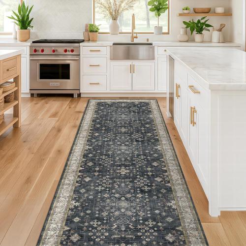Black Boho Washable Runner Rugs for Hallway Kitchen Bedroom Beside Laundry Room Bathroom Rug, Pet & Kids Friendly, Non Slip Low Pile Stain Resistant Soft Foldable Long Floor Carpet