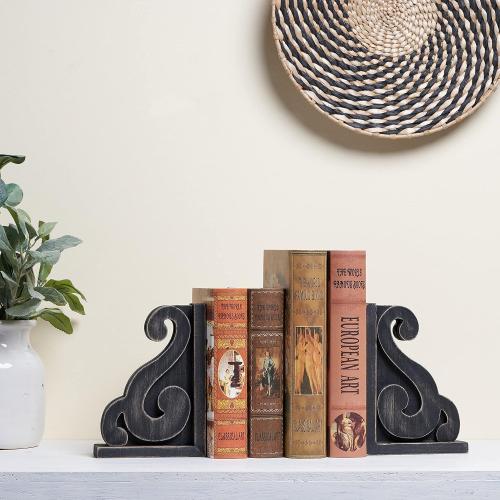 GENMOUS Rustic Distressed Vintage Scroll Corbel Bookends,Farmhouse Black Wood Decorative Bookends,Rustic Corbels Shelf Brackets,Shabby Chic Vintage Book Ends,Home Decoration and Gift,Set of 2.