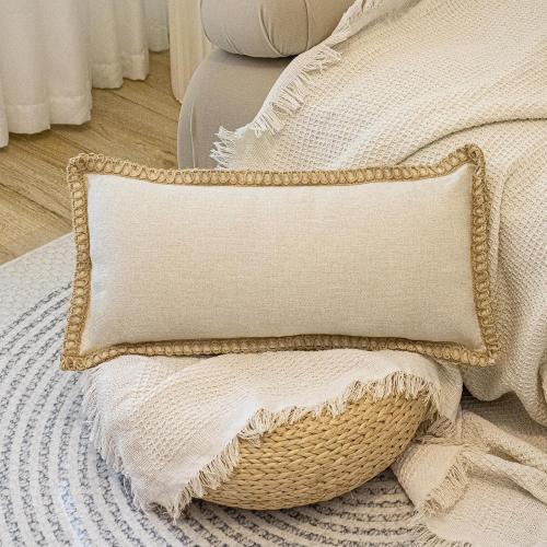 Burlap Linen Lumbar Pillow Cover 14 x 24 inch, Trimmed Tailored Edges Cushion Cover Farmhouse Modern Decorative Pillow Case Outdoor Decor, Oatmeal Beige, Pack of 1 (Cover Only)