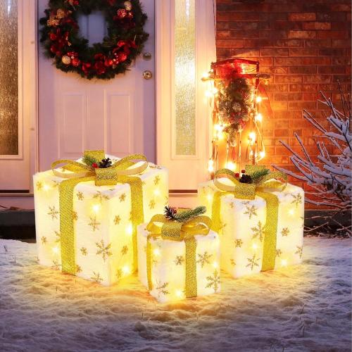 Set of 3 Christmas Lighted Gift Boxes, Plush Pre-lit 70 LED Light Up Present Boxes with Gold Snowflake, Battery Operated Christmas Decorations for Indoor Home, Housen Solutions