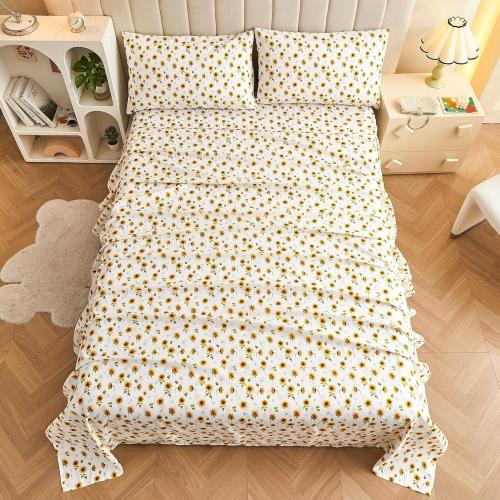 Softan Floral Sheet Set Queen, Sunflower Printed Bed Sheets Queen, Cozy Double Brushed Microfiber Fitted Sheet with 15 Deep Pocket and Corner Straps, Cute Yellow Flower Sheet & Pillowcase Sets