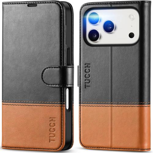 TUCCH Wallet Case for iPhone 17 Pro (6.3) 2025, RFID Blocking 4 Card Slots, Kickstand, Shockproof TPU Shell, PU Leather, Magnetic Closure, Protective Flip Folio Cover, Black & Brown