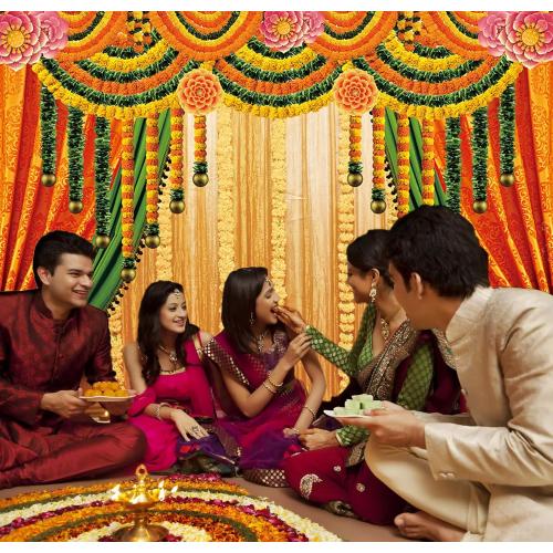 Indian Pooja Traditional Backdrop Indian Religious Festival Marigold Yellow Curtain Background Diwali Puja Ganpati Pooja Mehndi Wedding Party Decoration 7x5FT