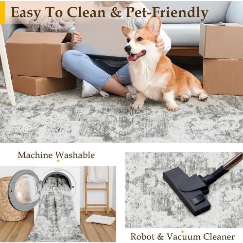 PureCozy Washable Rug 9x12 Area Rug for Living Room Gray Vintage Boho Medallion Large Grey Distressed Retro Carpet Non Slip Indoor Low Pile Small Soft Bedroom Dining Room Home Office