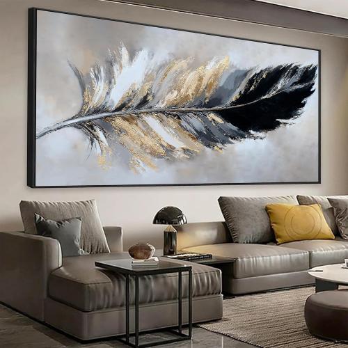 Canvas Art Wall Decor Modern Large Wall Decor Abstract Wall Art for Living Room Modern Home Decorations 29X58 With Framed Painting Black and Gold Minimalist Abstract Art Feather Home Artwork