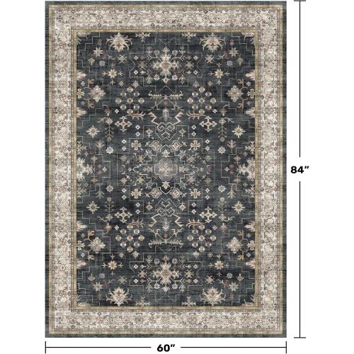 Black Boho Living Room Rug 5x7, Washable Dark Vintage Moody Low Pile Non Slip Carpet for Bedroom, Dinning Room, Office, Farmhouse, Retro Area Rug Indoor Decor (5x7 Black/Multi)