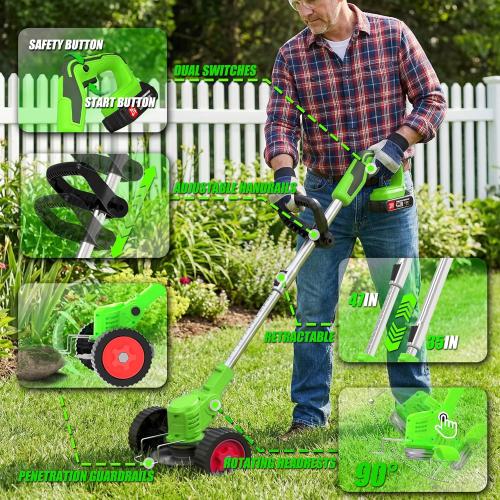 Cordless Weed Wacker Electric Eater Battery Powered Stringless Weed Trimmer 4-in-1 Grass Trimmer/Brush Cutter/Lawn Edger/Mower Lightweight Garden Tool with 4 Types Blades & Wheels for Garden Yard