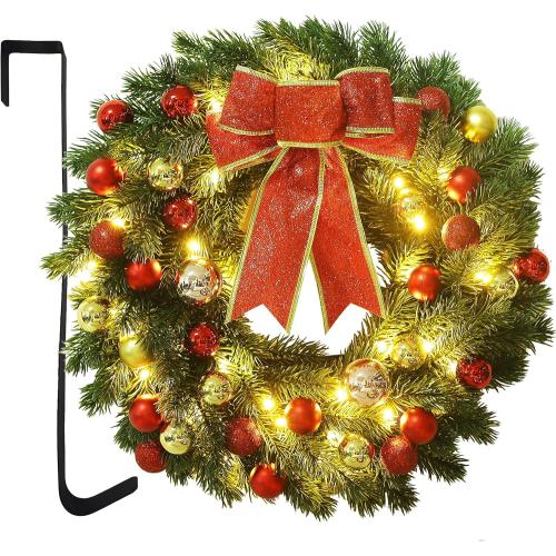 Lulu Home 16 Inch Pre-lit Christmas Wreath with Hook, Battery Operated Christmas Wreath Decorative Christmas Balls Hanging Ornament, Artificial Door Wreath 40 Clear LED Lights