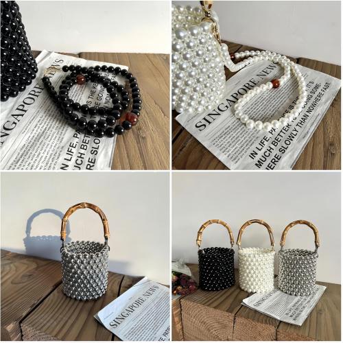 Women's Pearl Beaded Bag Natural Bamboo Handle Purse Handbag for Summer Vacation and Formal Evening Prom