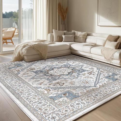 OPPODREAM Soft 10x14 Area Rugs, Neutral Washable Rugs 10x14 with Non Slip Backing, Low-Pile Faux Cashmere 10 x 14 Carpet, Cream White & Blue & Light Brown