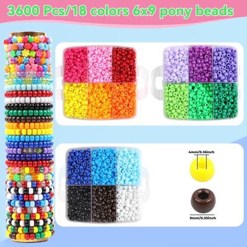 Pony Beads for Bracelets 3600 Pcs Plastic Beads for Friendship Bracelets Necklace 6x9mm 18 Solid Colors