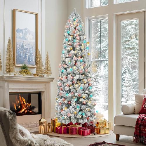 HOLLO STAR 7.5 ft Flocked Prelit Christmas Tree with 348 LED Lights, App Control, Skinny Artificial Pencil Christmas Tree, Multi-Color RGBW Lights, 960 Branch Tips, for Small Space, Home, Party