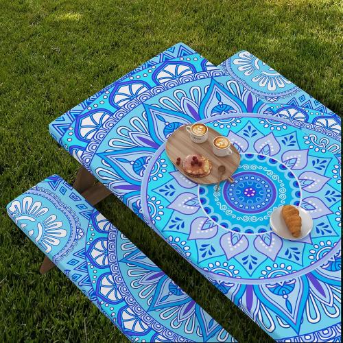 Blue Velway Picnic Table & Bench Covers: 6 FT Water-Resistant Windproof Elastic Fitted Tablecloth   Storage Bag - 3-Piece Set Camping Table   Seat Covers (72x30 Inches)