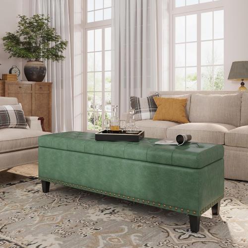 Size 51 Color Green Storage Ottoman Bench,51-Inch Large Storage Bench for Bedroom End of Bed, 30 Gallons Faux Leather Ottoman with Storage for Bedroom, Living Room, Entryway, Hallway,Green
