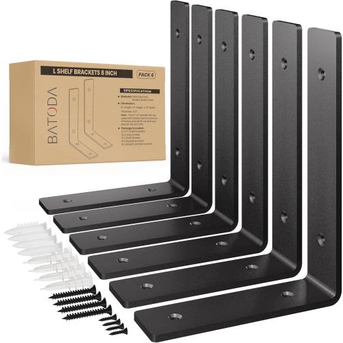 BATODA Pack 6 - 8''L Heavy Duty Shelf Brackets - L Shelf Brackets Black - Hook Brackets for Floating Shelves - Wall Mounted Support for DIY Open Shelving – Shelving Mounting Hardware Included