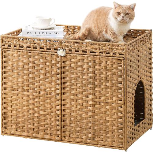 SETVSON Cat Litter Box Enclosure Furniture, Handwoven Rattan Hidden Litter Box with Mat, Large Space Cat House with 2 S-Shaped Hooks 30.3 x 18.3 x 24.4 Inches, Indoor for Living Room Apartment Natural
