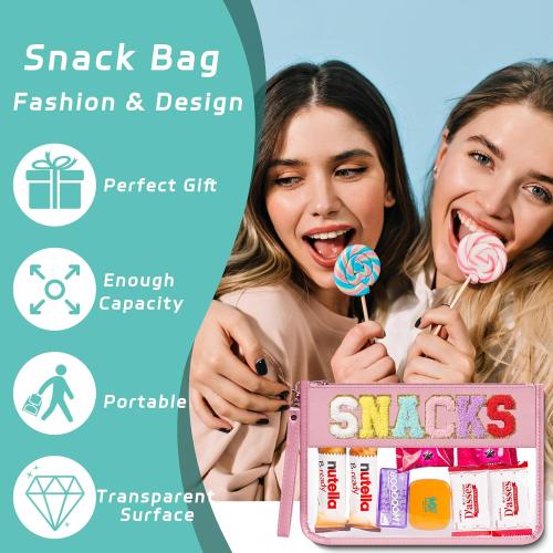 Large Chenille Letter Clear Zipper Pouch for Travel, Nylon Makeup Letter Bag, PVC Waterproof Cosmetic Bag, Snack Bags for Women Girls, Clear Stuff Bags For Travel(Pink-Snacks)