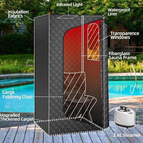 ouluu Portable Sauna with Red Light - Steam Sauna for Home, Folding Chair, Remote Control, 2.6’ x 2.6’ x 6.0’, Black