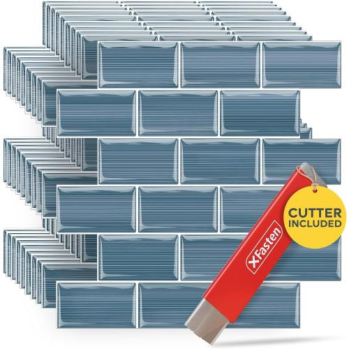 XFasten Backsplash Tile for Kitchen Peel and Stick Tile 10pcs 12” x 12” with Mini Cutter Blue Subway Tile for Backsplash, Waterproof Bathroom Kitchen Wall Tiles