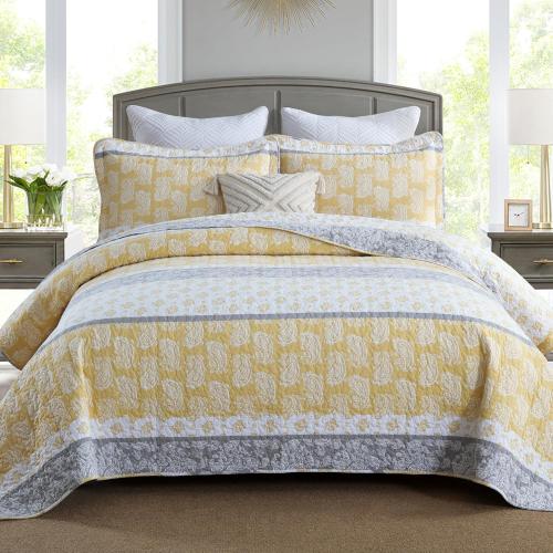 Yellow Quilts Queen Size, Cotton Bed Set, Yellow Grey White Comforter, Striped Bedding Queen Size, Lightweight Luxury Bedspread,3 Piece