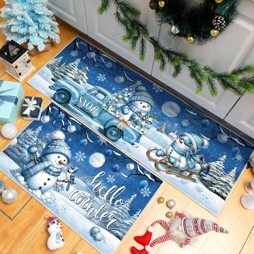 Duraaamo Set of 2 Hello Winter Snowman Kitchen Rugs Blue Christmas Kitchen Mats Cute Bathroom Rug Non Slip Floor Mat Doormat for Winter Holiday Decor 17 x 29 Inch and 17 x 47 Inch