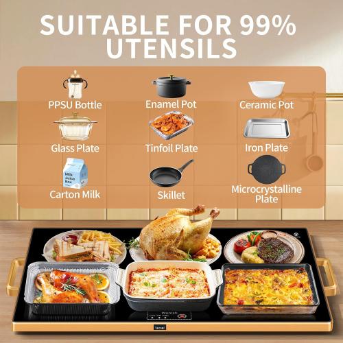 Electric Warming Tray（XXL 32”x18”），Food Warmer with Thermostat and Full Surface Heating，Food Warming Mat with 2 Temperature Modes for Parties Buffet，Gatherings，Gold Edge Handles Warming Mat for Food