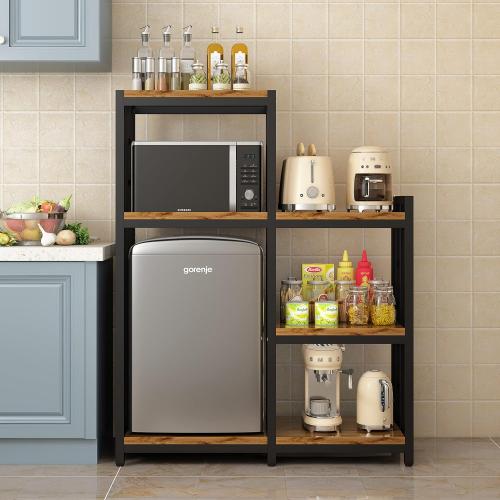 Kitchen Bakers Rack, 4-Tier 3-Tier Workstation Organizer Shelf, Free Standing Kitchen Utility Cart Storage Shelf Organizer Utility Microwave Stands Storage for Spice（Rustic Brown）
