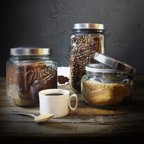 Mason Craft & More Airtight Kitchen Food Storage Clear Glass Pop Up Lid Canister, 3 Piece Pop Up Graduated Canister Set (1.6L, 2.75L, and 4.6L)