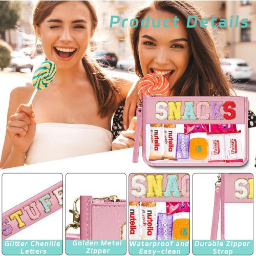 Large Chenille Letter Clear Zipper Pouch for Travel, Nylon Makeup Letter Bag, PVC Waterproof Cosmetic Bag, Snack Bags for Women Girls, Clear Stuff Bags For Travel(Pink-Snacks)