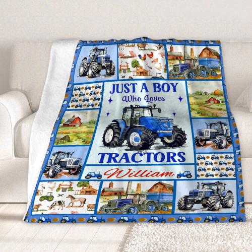 Custom Just A Boy Who Loves Tractors Blankets Gifts for Birthday Son On Bed Sofa,Personalized Premium Flannel Blankets for Christmas Thanksgiving, All Season Use 50''x 60'' -M