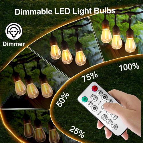 100FT Solar String Lights Outdoor Waterproof with Remote Control Solar Patio Lights 30 2 shatterproof LED E26 S14 Bulbs for Porch Garden Market Bistro Patio Backyard Fence