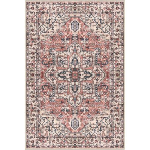 KOZYFLY Area Rug 9x12 Ft Thin Rugs for Living Room Washable Bedroom Rug Non Slip Rugs for Living Room Printed Faux Wool Vintage Bedroom Rug Floor Carpet for Dining Room, Red Salmon/Pink/Navy