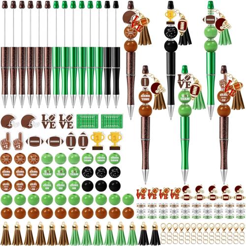 COcnny Football Beadable Pens Set - 14 Set Autumn Rugby DIY Ballpoint Pen Making Kit with Bead Craft, Sport Party Beaded Bulk Charm Tassel Supplies for Women School Students Office Gift