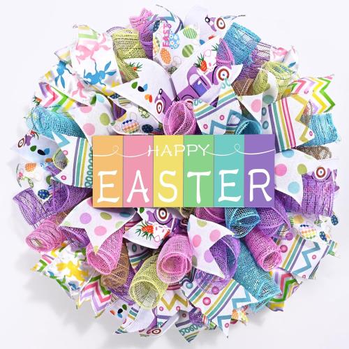 Waipfaru Easter Wreaths for Front Door, 18 Inch Handmade Mesh Bow Spring Wreaths with Wooden “Happy Easter” Sign, for Indoor Outdoor Home Farmhouse Table Mantel Window Wall Decor