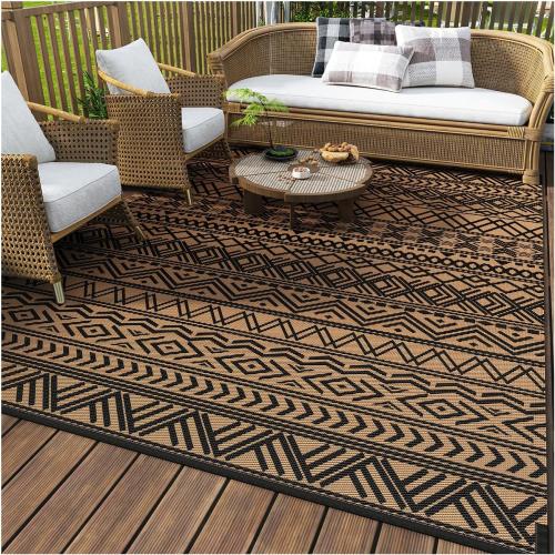 MontVoo-Outdoor Rug Carpet Waterproof Reversible Patio Rug RV Camping Rug-Plastic Straw Rug Outside Indoor Outdoor Area Rug for Patio Deck Balcony Picnic Beach Outdoor Decor Boho Black Brown
