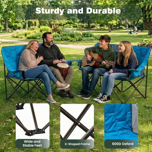 SUNNYFEEL Folding Double Camping Chair, Oversized Loveseat Chair, Heavy Duty Portable/Foldable Lawn Chair with Storage for Outside/Outdoor/Travel/Picnic, Fold Up Camp Chairs for Adults 2 People